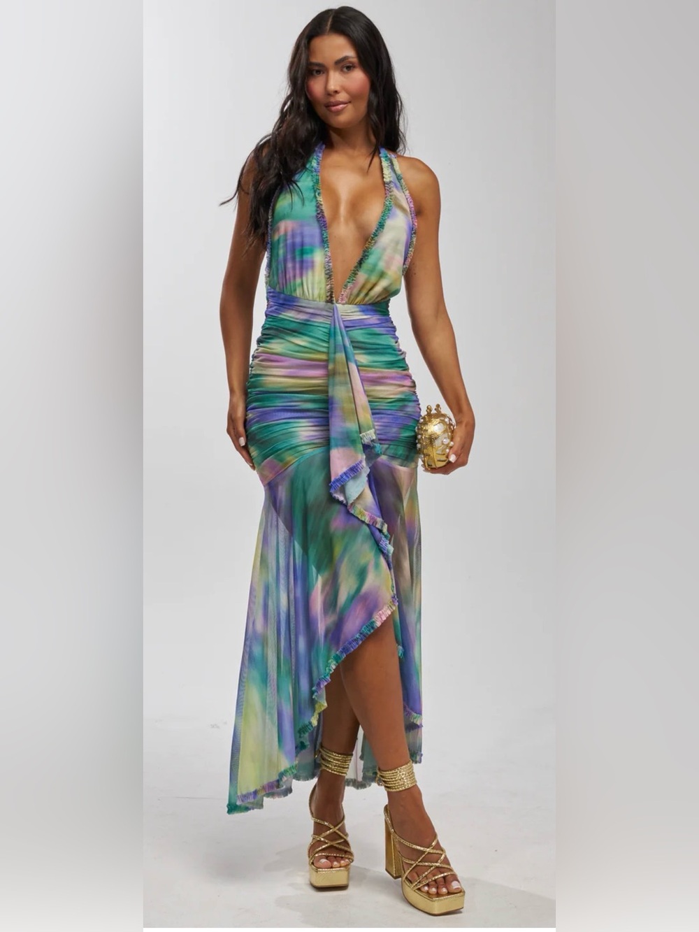 Multi-Color Halter Ruched Maxi Dress - Women